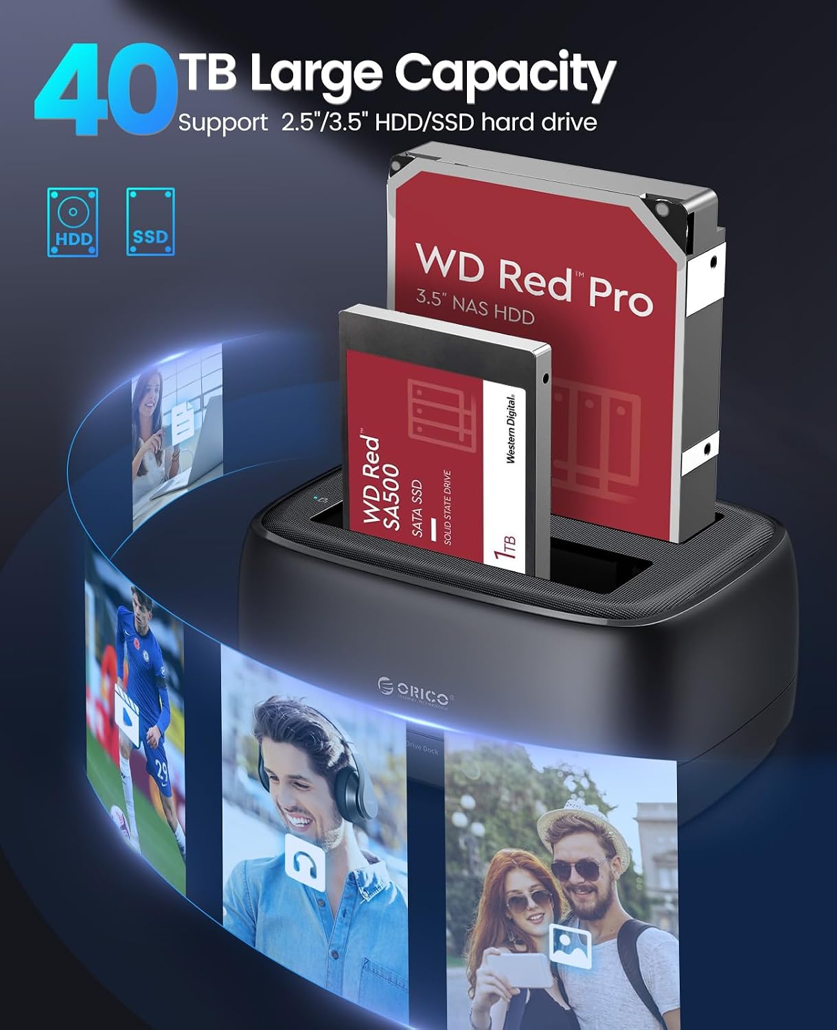 ORICO Estación de acoplamiento de disco duro de doble bahía USB 3.0 a SATA III para disco duro de 3.5 pulgadas máx. hasta 40 TB Soporte 